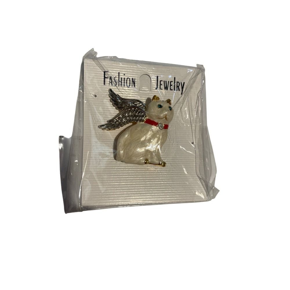 Angel Cat Brooch Pin - White Enamel Kitty Fashion Jewelry Winged Pet Lover Gift